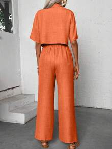 SHEIN PETITE Women's Casual Vacation & Commute Lapel Collar Drop Shoulder Loose Shirt And Drawstring Waist Wide Leg Pants 2-Piece Set, Spring/Summer/Autumn - Coral Orange - View 2