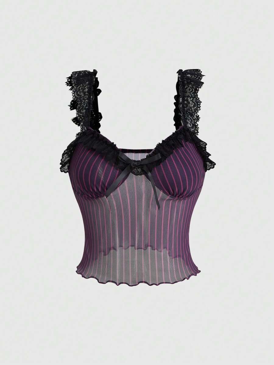ROMWE J-Fashion Purple Striped Lace Cap Sleeve Sexy Women Tank Top - Purple - View 1