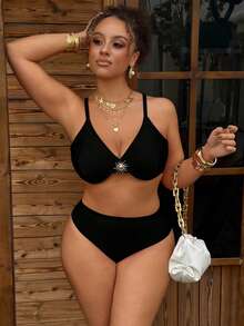 Nuevo conjunto de traje de baño de tiras de espagueti color fucsia para mujer talla, incluye top corto ajustado y Bottom tipo cheeky, estilizador y levantador, adecuado para vacaciones y ocio - Negro - Ver 7