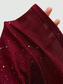 SHEIN CURVE+ 女士亮片金属针织露脐吊带背心，性感露背紧身抹胸上衣，外出上衣 - 酒紅色 - 查看 6