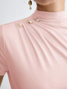 BizChic Spring/Summer New Shallow V-Neck Shoulder Ruched Metal Button Decor Fitted Waist Women's T-Shirt, Suitable For Office, Formal, Elegant Urban Commute, Daily Casual, Romantic 90s Retro, Party, Wedding Guest, Bridesmaid, Hostess, Outing, Social, Date, Party, Concert, Graduation, Breakfast, Airport - Pink - View 9