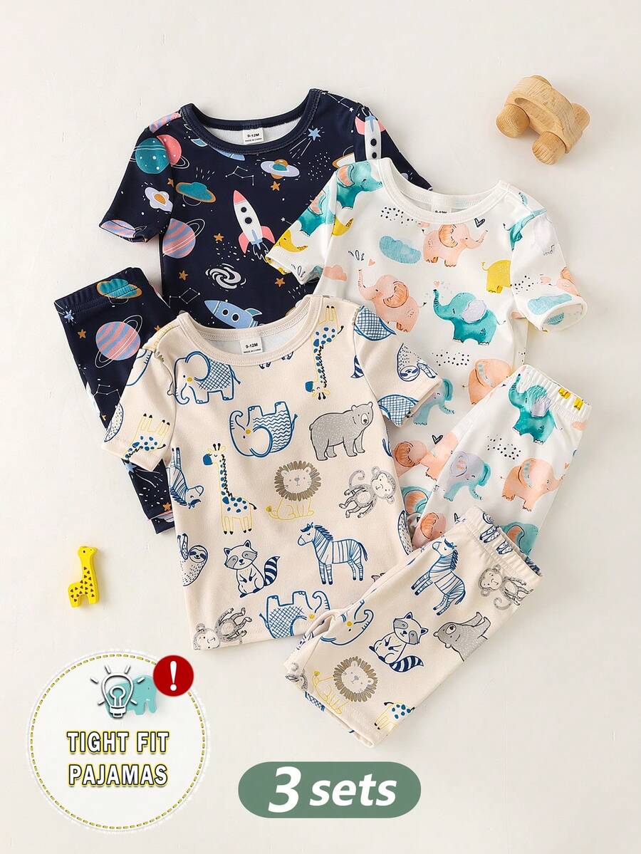 SHEIN GraphicGems Bộ 6 món đồ liền thân ngắn tay, cổ tròn, in hình hoạt hình, chất liệu mềm mại, thoải mái cho bé trai sơ sinh/trẻ nhỏ. - Nhiều màu - Xem 1