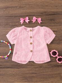 Emery Rose Kids Emery Rose Kids 女婴休闲简约舒适圆领泡泡袖镂空刺绣上衣，适合日常穿着和开学季，粉色女婴夏季衬衫 - 粉色 - 查看 2