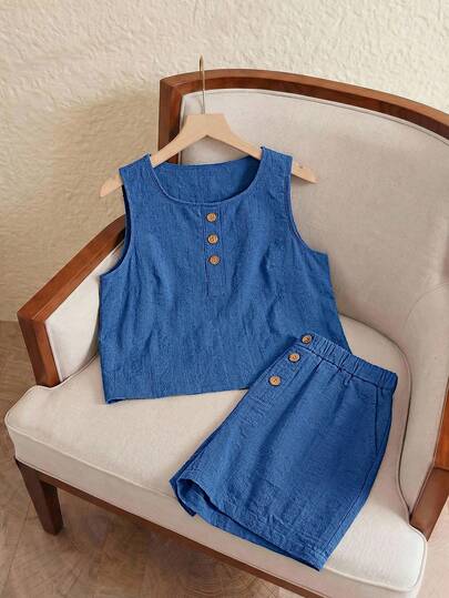 EMERY ROSE 女士度假休闲纯色背心短裤两件套