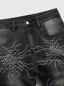 ROMWE MEN Men's Rhinestone Embellished Denim Jeans, Suitable For Everyday Wear, Spring/Summer - Black - View 3