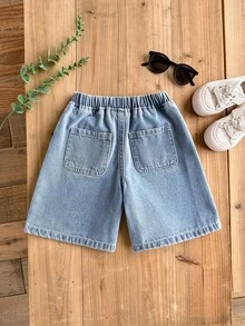 LMoss Kids 男童新款时尚休闲夏季波西米亚风基础款口袋纽扣设计蓝色牛仔宽松短裤，春夏百搭休闲，适合儿童男童春夏日常穿着、街头风、节日庆典、派对、海滩、毕业典礼、休闲场合、暑假穿着。印花牛仔短裤，适合4岁男童，休闲短裤，夏季短裤。 - 淺色水洗藍 - 查看 2