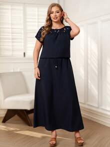 EMERY ROSE 2pcs Set Plus Size Women's Summer Casual Navy Blue Lace Trim Back Design Shirt Top And Long Skirt Two Pieces Set With Pockets, Tea Party Holiday Outfits - Navy Blue - View 7