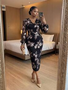 SHEIN Lady 大码女式束腰长袖连衣裙，优雅适合派对和聚会 - 黑色 - 查看 4