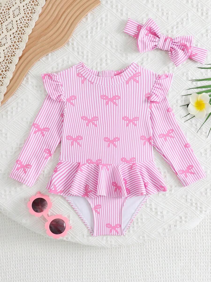 SHEIN GraphicGems Baby Girls' Pink Striped Bow Print Swimsuit,Long Sleeve Rashguard One-Piece With Ruffle Hem,Holiday Beachwear Bathing Suit For Swimming Summer Party - Pink - View 1