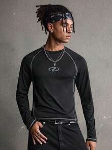 AXEPEAK Camiseta de manga larga con estampado gráfico simple y mangas raglán de color contrastante para hombre - Negro - Ver 2