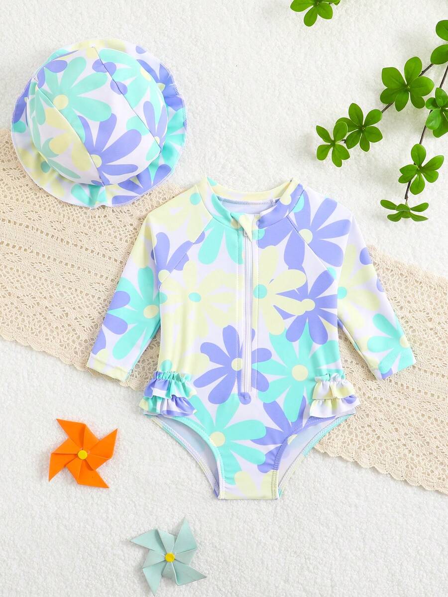 Cute Newborn Baby Swimwear,Long Sleeve Rash Guard Swimsuit With Sun Hat,Macaron Floral Pattern,Zipper Infant Beachwear For Summer,Pool Party,Holiday - Mint Green - View 1
