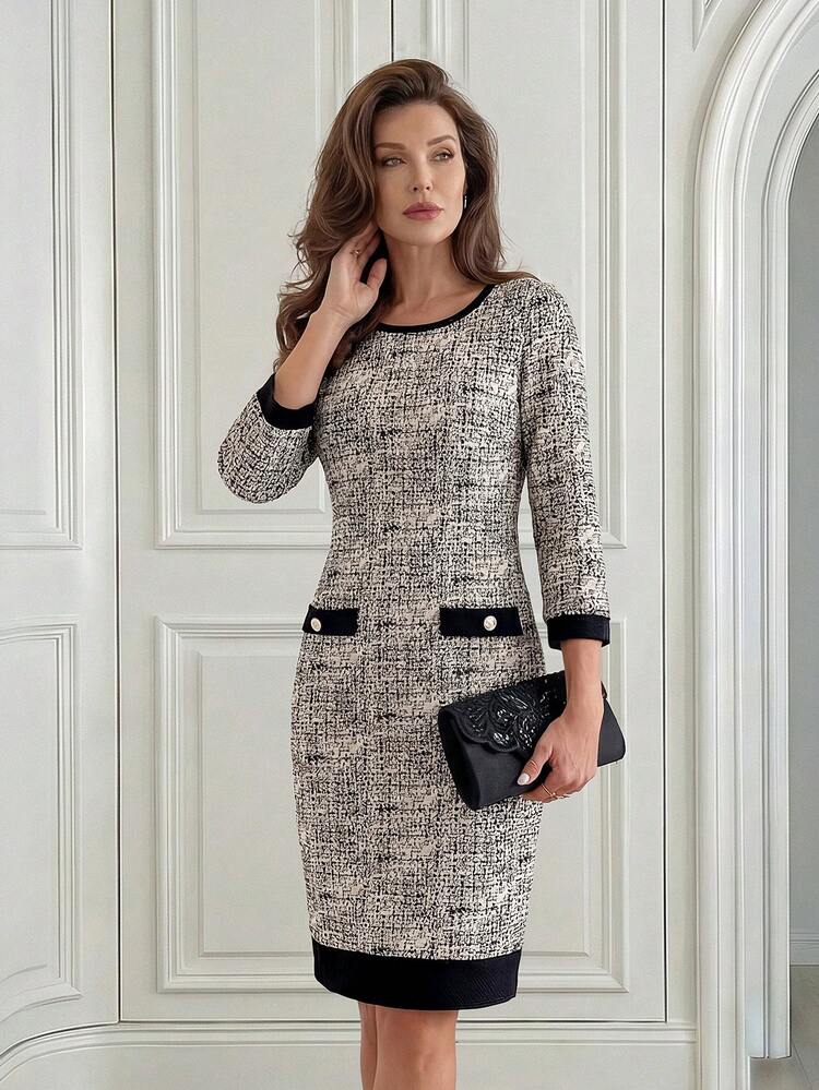 Women's Elegant Plaid Round Neck 3/4 Sleeve Button Design Short Dress, Autumn