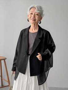 FRIFUL Blazer informal de mujer con parches de malla transparente de unicolor y espalda suelta, adecuado para primavera y verano - Negro - Ver 2