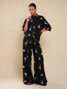 SHEIN Tall CURVE 大码女式豹纹字母贴花口袋阔腿休闲裤 - 黑色 - 查看 6