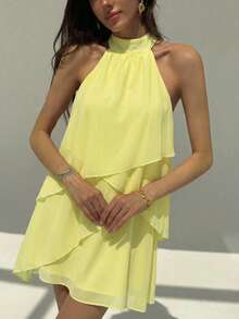 Aloruh Yellow Halter Layered Hem Romantic Mini Skirt, Vacation Style ,Summer Dress - Yellow - View 5