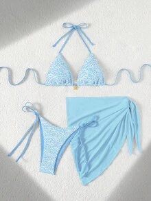 Swim Mod Bộ 3 món đồ bơi mùa hè đi biển, chất liệu vải họa tiết hoa, trang trí hoa vàng, gồm áo yếm buộc dây bên hông và quần bơi buộc dây bên hông, cùng chân váy lưới màu trơn. - Màu xanh nhạt - Xem 5