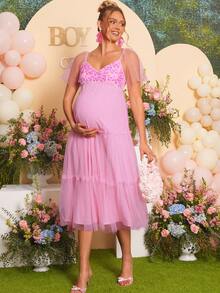 Loomaby Pink Summer Maternity Dress,Fairy Mesh Patchwork Sleeve V-Neck Lace Decor Layered Loose Gown For Baby Shower,Gender Reveal & Photoshoot,Plus Size - Pink - View 4