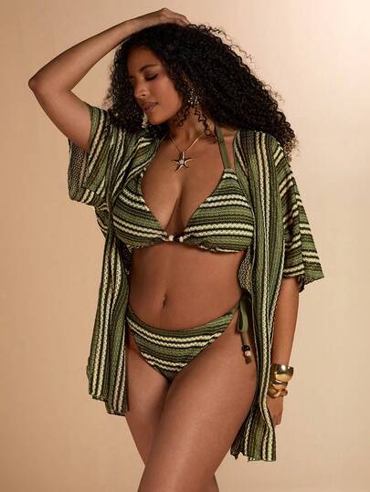 SHEIN BAE Plus Size Women Summer Beach Vacation Colorblock Striped Print Loose Kimono Cover Up Beach Outfits For Women Plus Size Bathing Suits Women