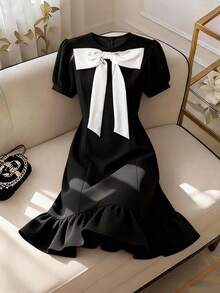 GlowEve CURVE Rochie midi cu guler rotund și decorațiuni cu funde, mărime plus, pentru femei - Negru - Vizualizare 1