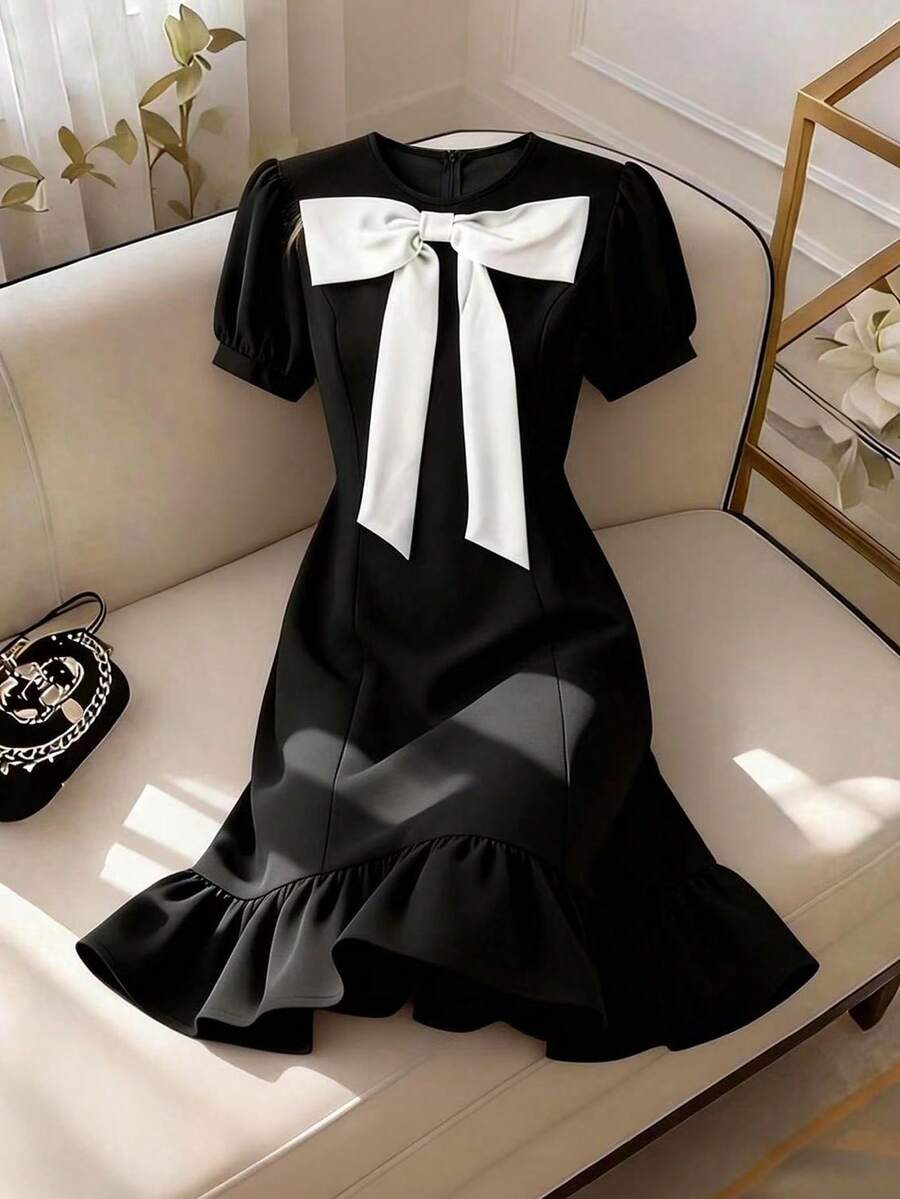 GlowEve CURVE Rochie midi cu guler rotund și decorațiuni cu funde, mărime plus, pentru femei - Negru - Vizualizare 1