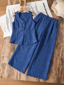 SHEIN Tween Girls' Casual Elegant Commute Street Fashion Jacquard Striped Button-Front Sleeveless Vest Top And Straight Leg Pants Set - Blue - View 5
