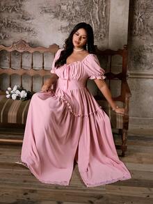 Lyrianda Spring, Summer, Fall, Bow, Elegant, Vacation, French Retro Pink Fabric Patchwork Lace Tea-Length Dress, Gentle Breeze Minimalist Waist-Cinched Bubble Sleeve Shirt Dress, Asymmetrical Hem Dress, Party - Pink - View 5