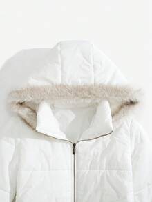 Flirla Women's Casual Fashion Hooded Contrast Color Fur Trim Zip-Up Padded Coat, Suitable For Autumn/Winter - White - View 6