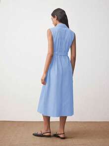 BizChic Đầm nữ mùa xuân/hè màu xanh dương, cổ áo, cài cúc phía trước, eo thắt dây điều chỉnh, có túi hai bên, đa năng cho nhiều dịp. - Màu xanh lam - Xem 2