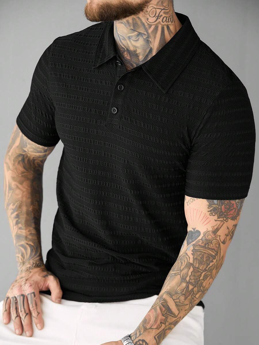 SLATEMANN Camisa polo casual de manga corta de unicolor para hombre, camisa polo de punto abotonada para hombre, polo negro para hombre, polo texturizado para hombre - Negro - Ver 1