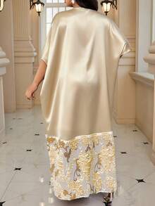 Fleurora 大码纯色印花拼布短袖连衣裙 - 杏色 - 查看 2