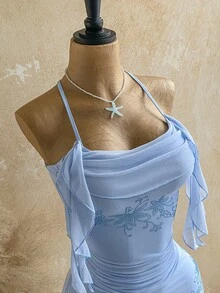 Soleia 女士日落渐变橙色水钻花卉荷叶边迷你连衣裙，适合度假、约会、下午茶、海滩、邮轮、海岛度假、城市旅行、音乐节、波西米亚风度假、派对等场合，可内穿或外穿，沙滩套装 - 淺藍色 - 查看 3