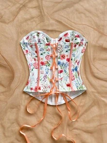 Soleia 女士复古印花撞色露脐上衣，复古抹胸束身衣，适合派对、波西米亚风、度假、秋季穿着 - 彩色 - 查看 2