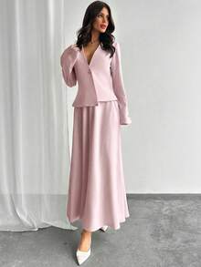 Firerie Conjunto de blazer de manga larga de unicolor y falda evasé elegante de diseño minimalista - Rosa vieja - Ver 4