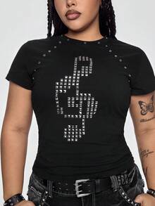 ROMWE Grunge Punk Spring/Summer Plus Size Black T-Shirt With Punk Music Note Rhinestone Grommets Valentine's Day - Black - View 4