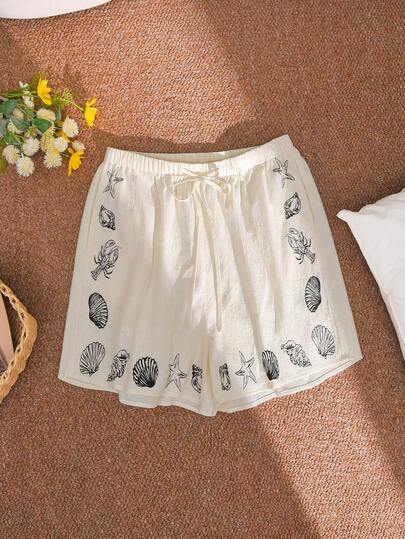 CosyJoli 大码女式贝壳和海星印花抽绳腰休闲短裤