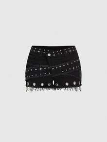 ROMWE J-Fashion Quần short denim nữ dáng ôm, rách rưới, đính ngọc trai, phong cách vintage Y2K. - màu đen - Xem 1