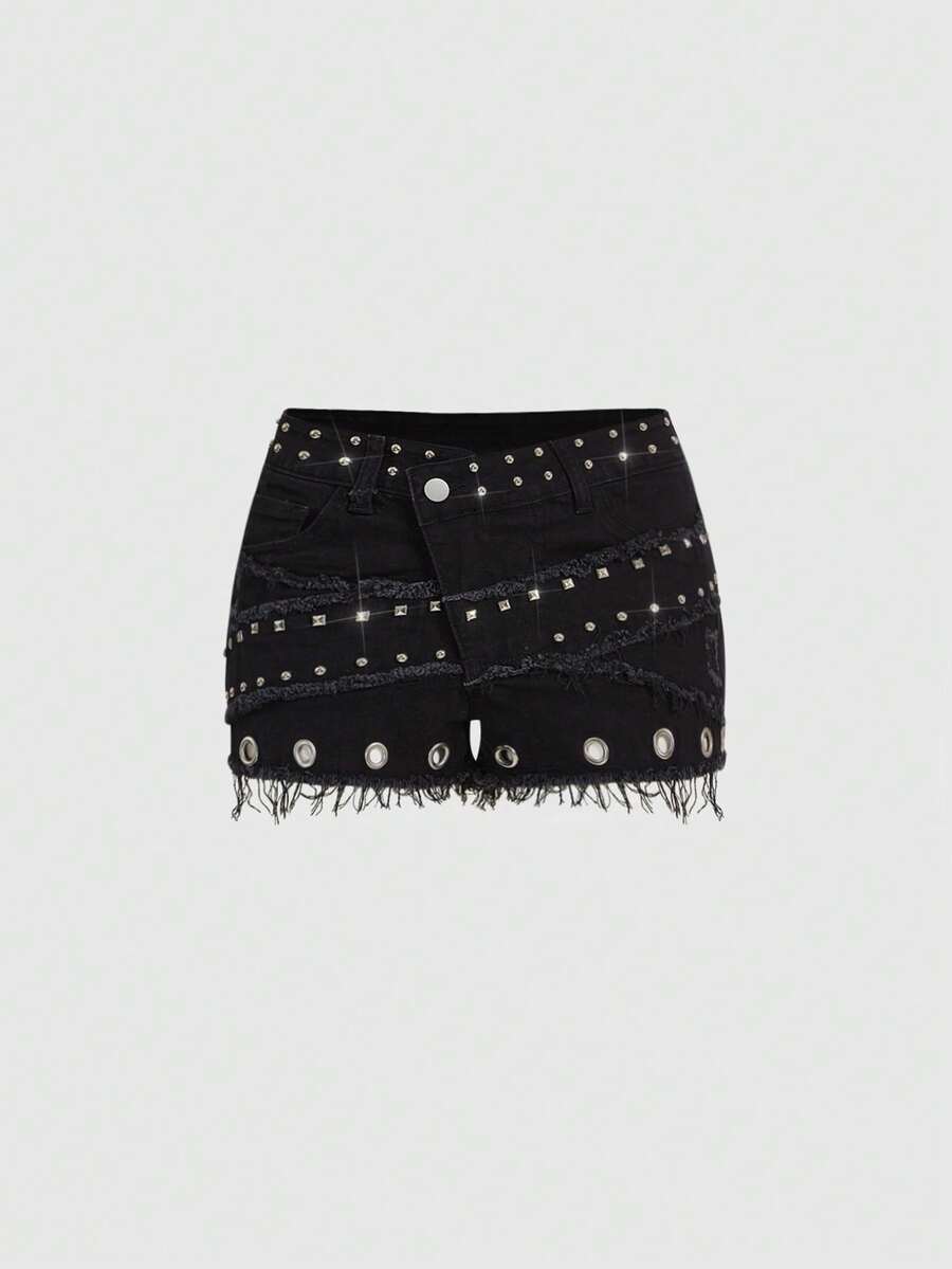 ROMWE J-Fashion Quần short denim nữ dáng ôm, rách rưới, đính ngọc trai, phong cách vintage Y2K. - màu đen - Xem 1