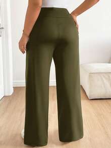 Plussiva Plus Size Maternity Casual Solid Color Adjustable High Waist Loose Wide Leg Pants - Army Green - View 2