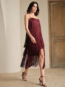 Anewsta Spaghetti Strap Asymmetrical Tassel Burgundy Cocktail Party Dress For Women, Suitable For Vacation, Party, Birthday, Anniversary - Burgundy - View 4