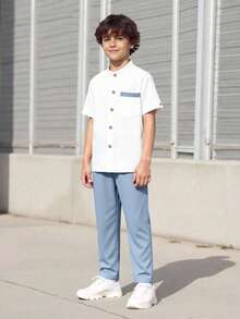 SHEIN Explorewe 2pcs/Set Teenage Boys' Casual School Style Simple White Shirt And Pants Outfit - Blue - View 5