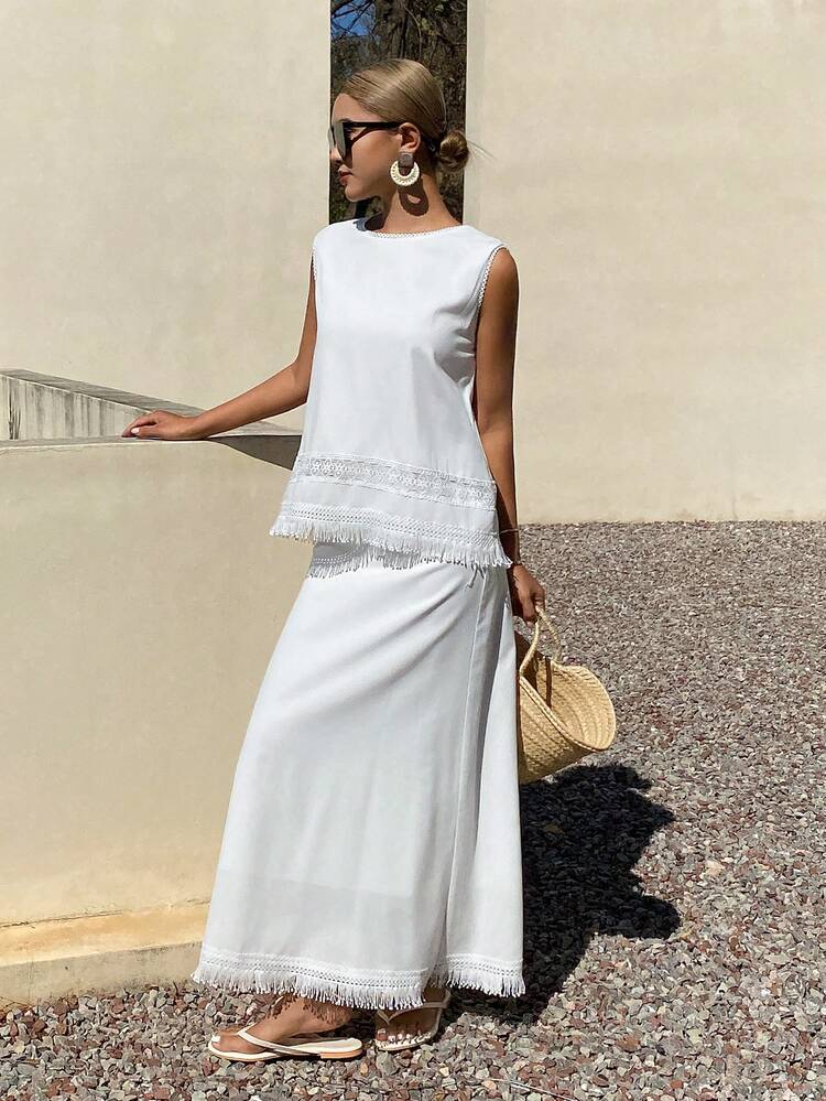 Women's Round Neck Sleeveless Lace Patchwork Vest And Straight Long Skirt Set, Vacation & Casual Style