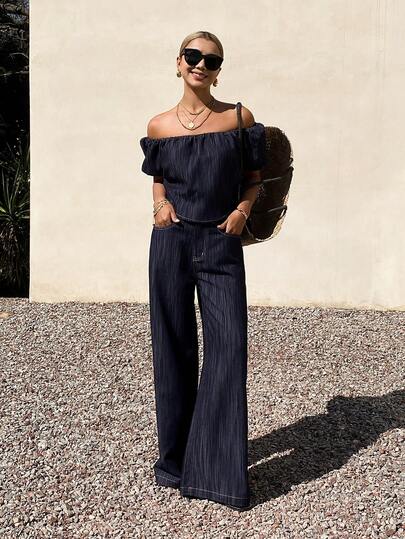 DAZY Women's Off-Shoulder Short Sleeve Striped Top And Loose Wide-Leg Jeans Vacation Style Set