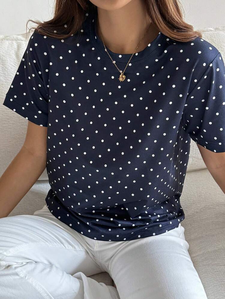 Women's Summer Round Neck Short Sleeve Polka Dot Loose Pullover Casual T-Shirt