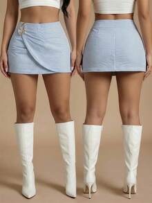SHEIN SXY 女士金属装饰条纹紧身迷你裙 - 藍白色 - 查看 1