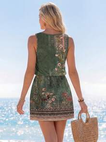 SHEIN LUNE Women Casual Green Floral Print Short Dress, Suitable For Spring/Summer Vacation Suitable For Going Out Chic Dress - Multicolor - View 2