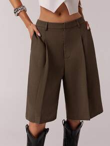 SHEIN PETITE CURVE Women's Minimalist Bermuda Shorts, Gray, Suitable For Commuting, Spring - Brown - View 6