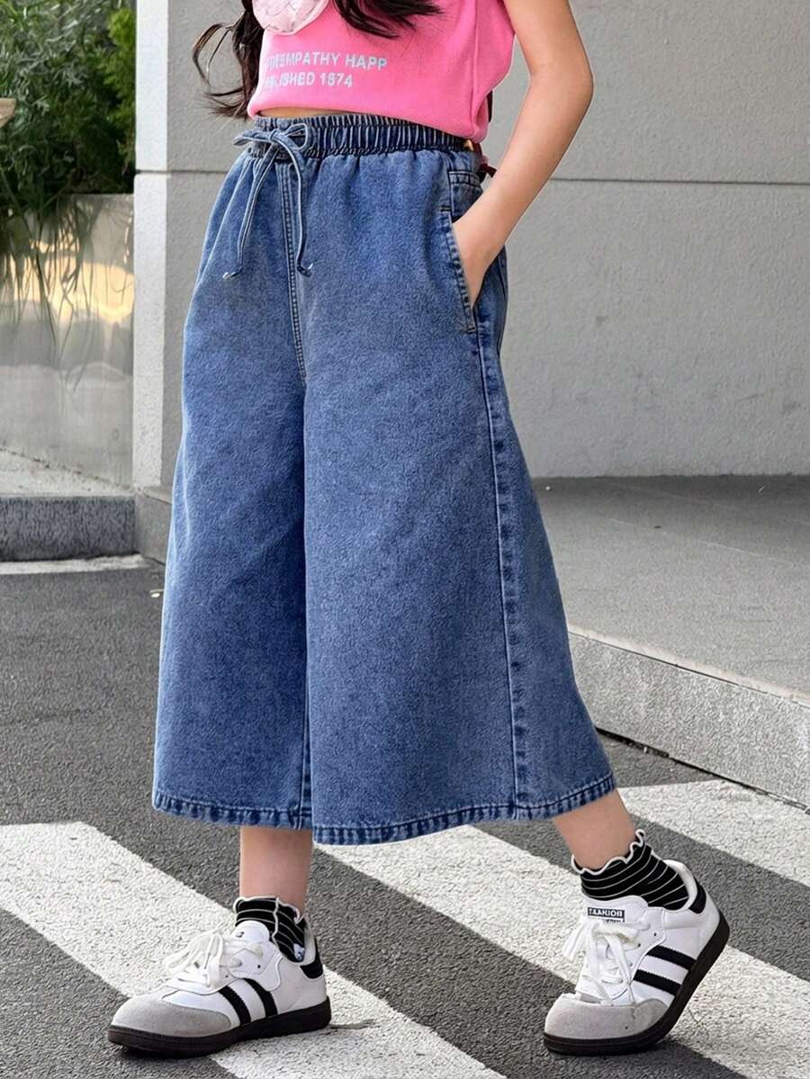 SHEIN 少女纯色扭结口袋休闲阔腿牛仔裤 - 中等水洗藍 - 查看 1