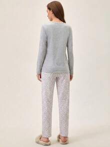 EURMUSE 100%Cotton Heart And Slogan Graphic PJ Set - Light Grey - View 2