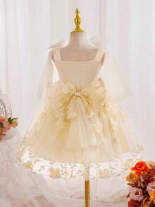 SHEIN Glamorique Kids 少女生日派對婚禮節日禮服，白色夏季傳統抹胸3D花朵薄紗蝴蝶結刺繡澎澎裙公主洋裝 - 杏色 - 查看 3