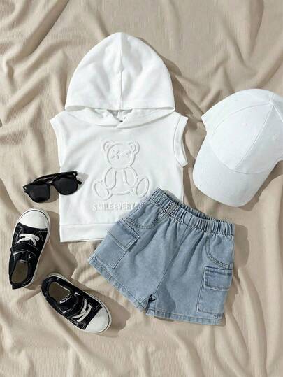 SHEIN 2pcs/Set Infant/Baby Boys Casual Outfit, Including 1pc White Hoodie Knit Letter Print Sleeveless Pocket Vest + 1pc Blue Elastic Waist Pocket Denim Shorts, Suitable For Casual, Sports, Daily Wear, Outings, Travel